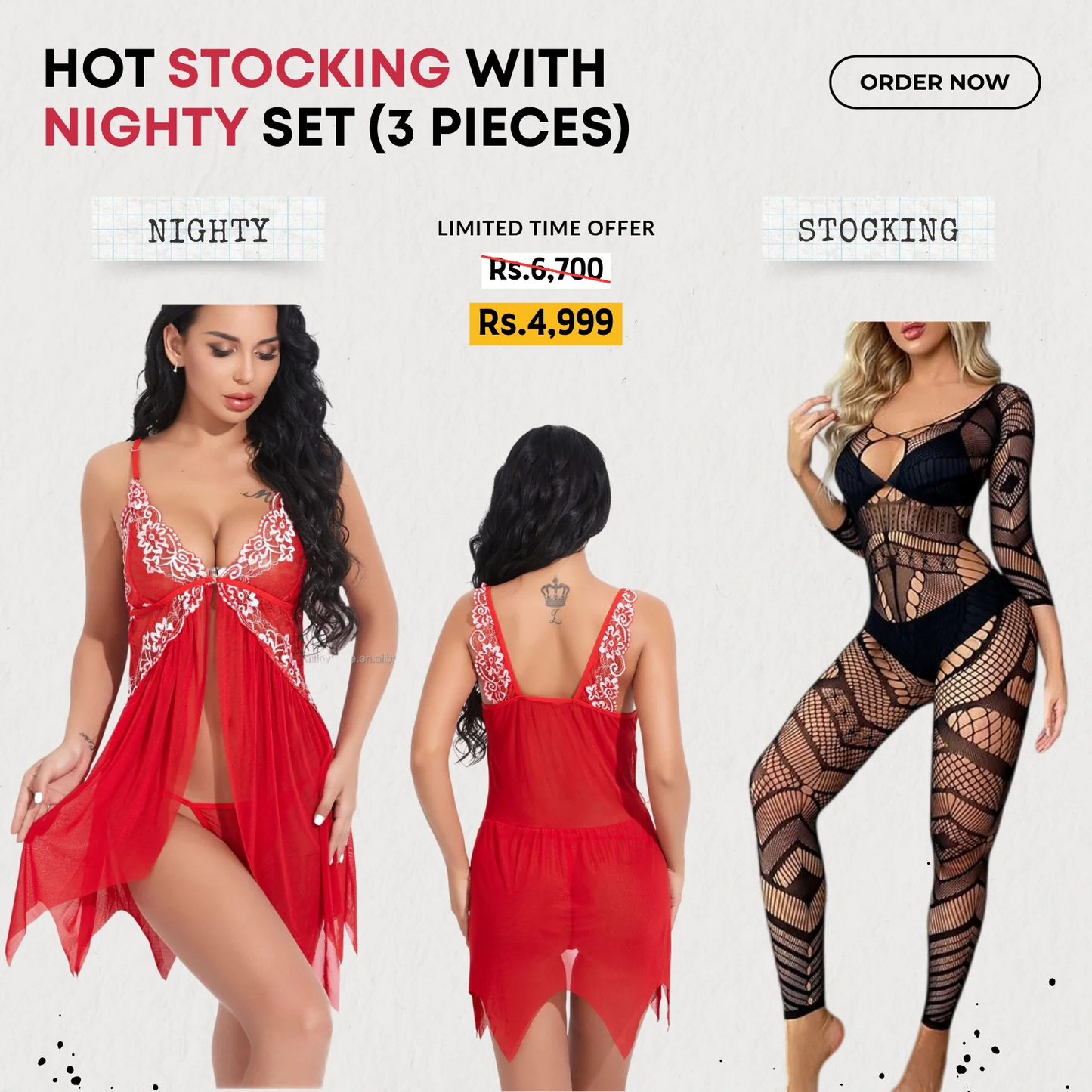 Red Nighty with Panty + Full Body Stocking
