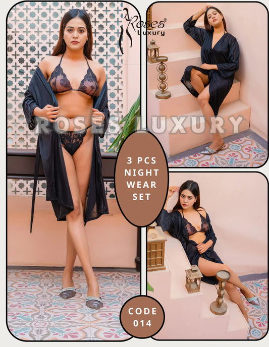Roses Luxury 3-Piece Gown Bikini Nightwear Set – Code 014
