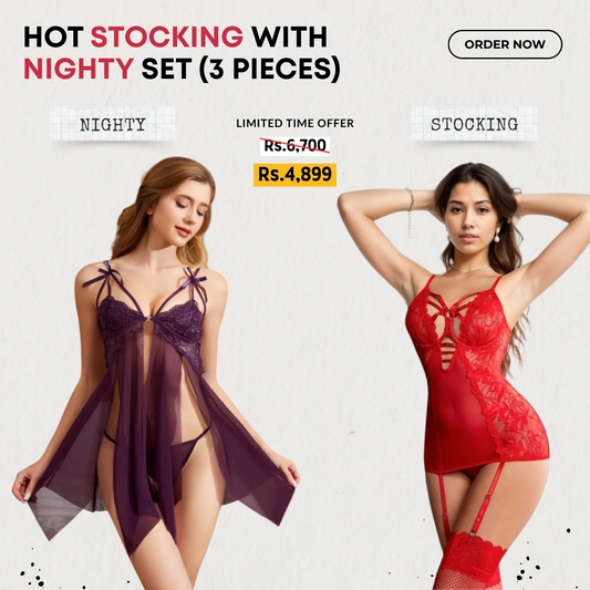 Purple Nighty with Panty + Red Body Stocking