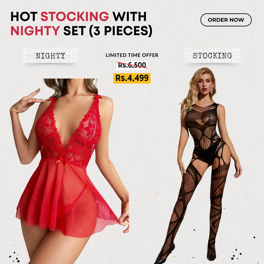 Red Nighty with Panty + Body Stocking (3 Pieces)