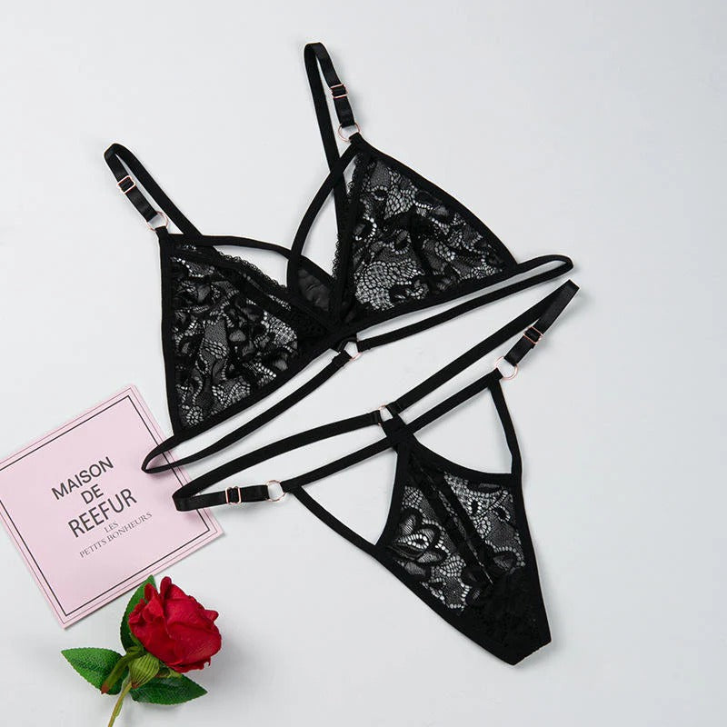 Lingerie Set Strappy Lace Bralette and Panty Sets V-neck Outfit